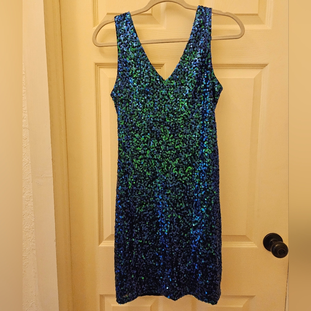 Sequin V-Neck Dress - Blue and Green, Size M
